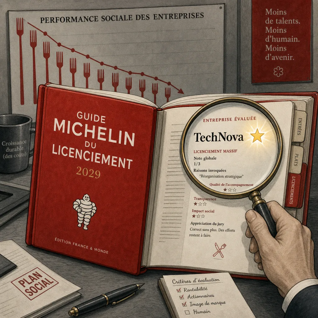 Un guide rouge évalue des licenciements comme un restaurant, avec une loupe et une étoile sur une fiche de suppression d'emploi.