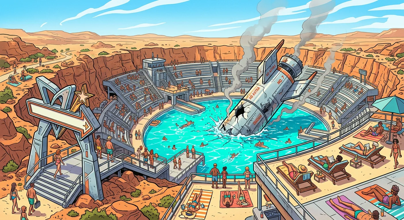 Un cratère transformé en piscine touristique avec une fusée accidentée émergeant de l'eau, entourée de vacanciers.
