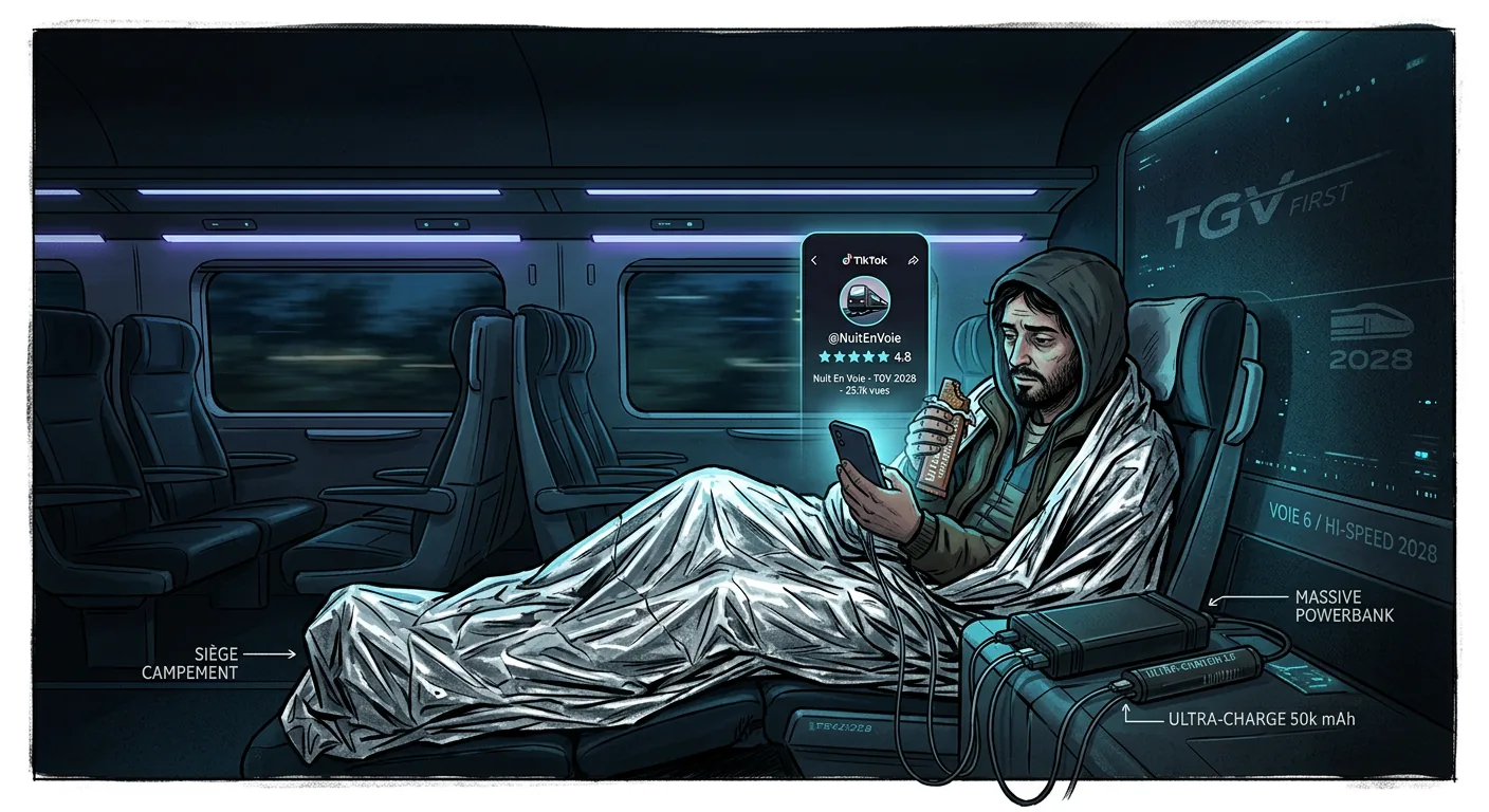 Un voyageur dans un train futuriste transforme son siège en campement de survie avec couverture isotherme, barre protéinée et powerbank, tout en notant la panne sur TikTok avec des étoiles.
