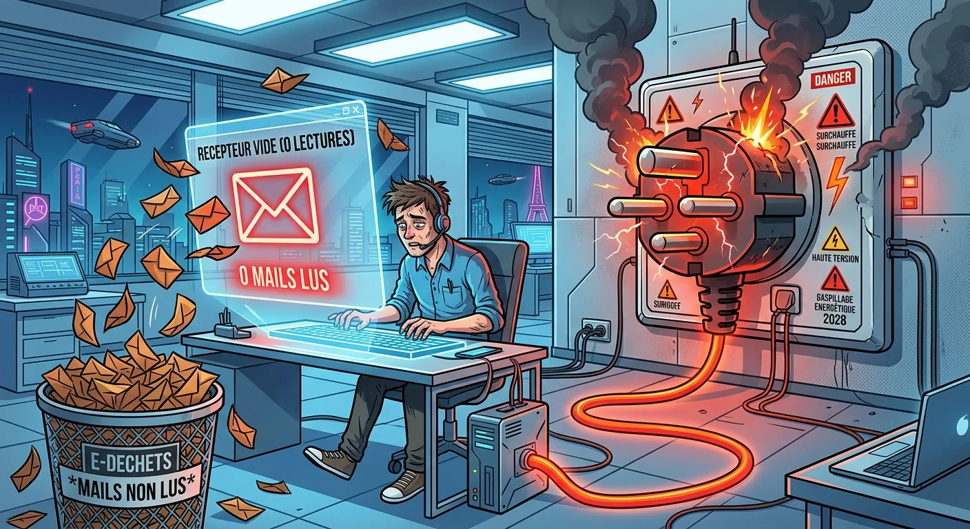 Un employé de bureau dans un futur proche tape sur un ordinateur relié à une prise électrique géante et fumante, tandis que des mails non lus tombent dans une corbeille, illustrant le gaspillage d'énergie par l'IA pour des contenus inutiles.